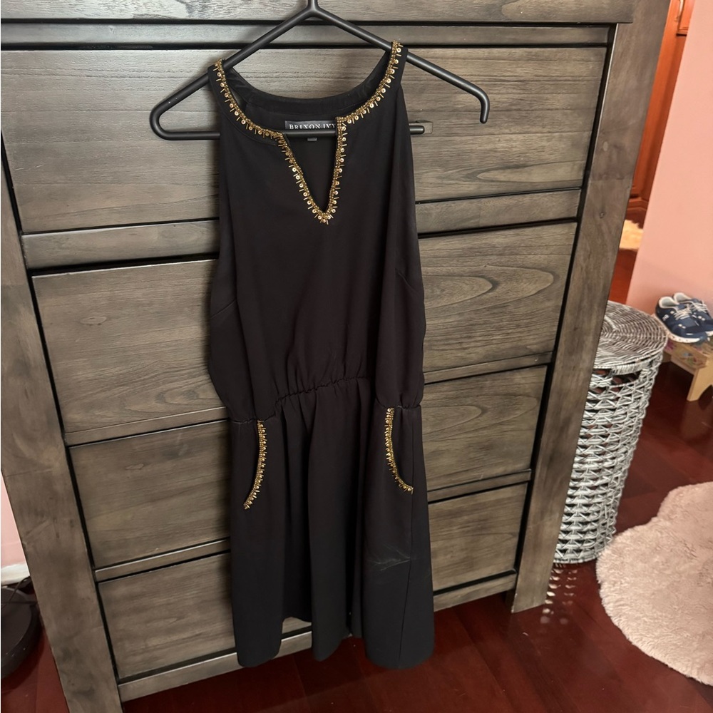 Brixon Ivy Elegant Black Mini Dress with Gold Accents